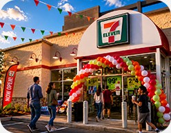 7-Eleven grand opening with balloon arch and celebration graphics