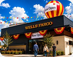 Wells Fargo branch grand opening with balloons and banners