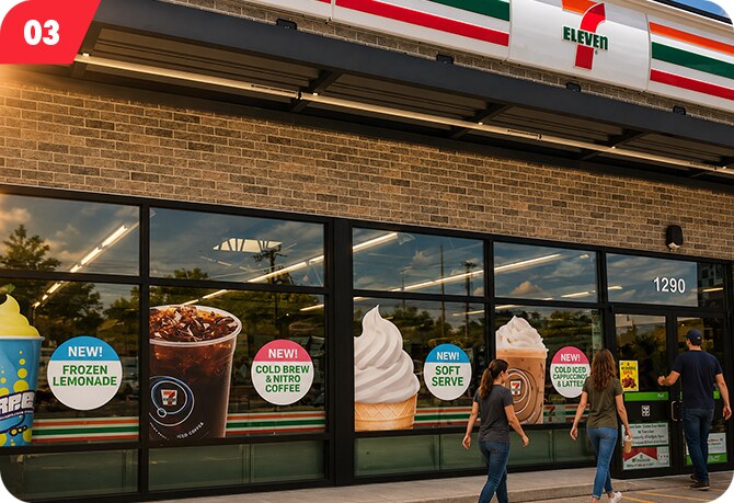 7-Eleven storefront beverage bar promotion
