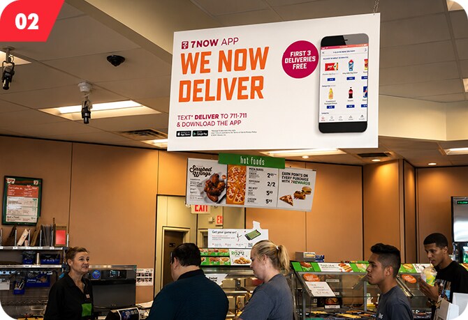 7-Eleven interior signage for We Now Deliver mobile app launch